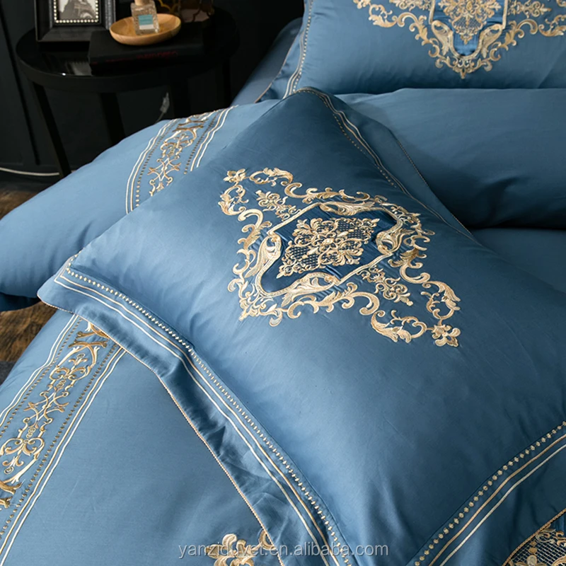 Hotel Luxury Golden Court Embroidery Duvet Cover Bedsheets 100 Cotton Satin Deep Blue Bedding