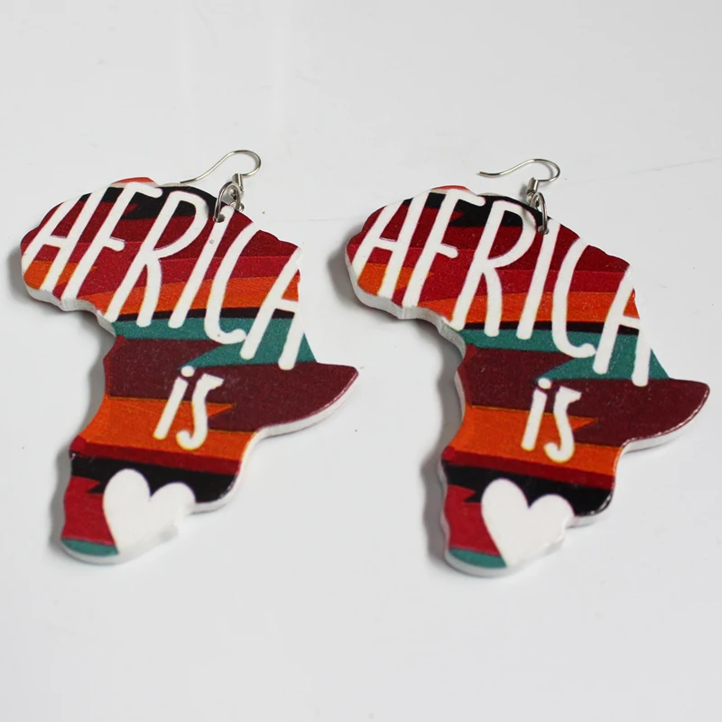 

Wood Africa Map Africa Is" Letters Hiphop Black Girl Afro Drop Earrings Bohemia Wooden African Party Club Jewelry, Picture