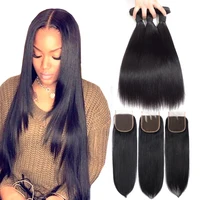 

Hair Extension 100% Human Hair Bundles With Closure Brazilian Hair Weave Bundles Straight 3 Bundles With Lace Closure