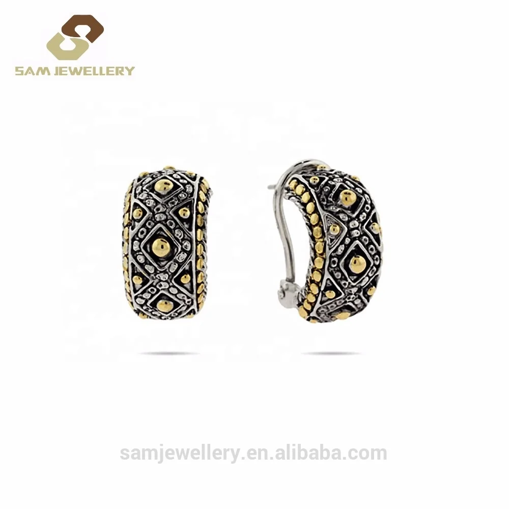 

Wholesale Retro Middle Eastern Yemen Yemeni Antique Two Tone 925 Sterling Silver Clip on Earring For Women Jewelry, Picture