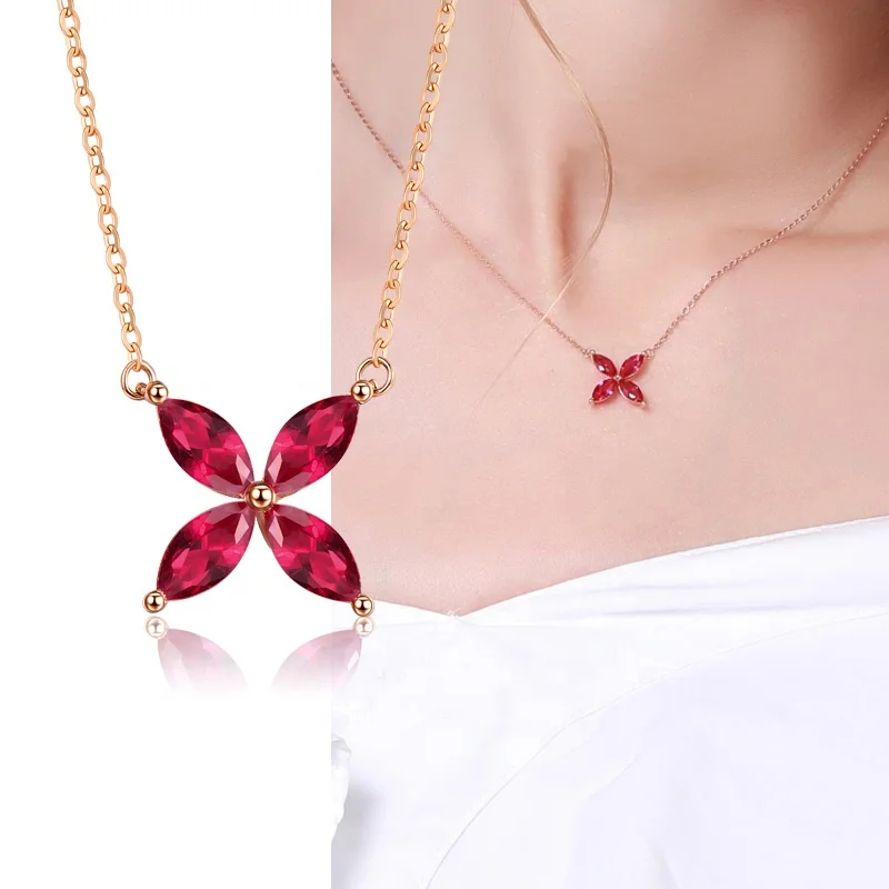 

Luxury Fashion jewelry Real 18K Solid Gold Lucky Grass Four-Leaf Clover Shape Synthetic Ruby pendant Necklace for Women, Rose gold
