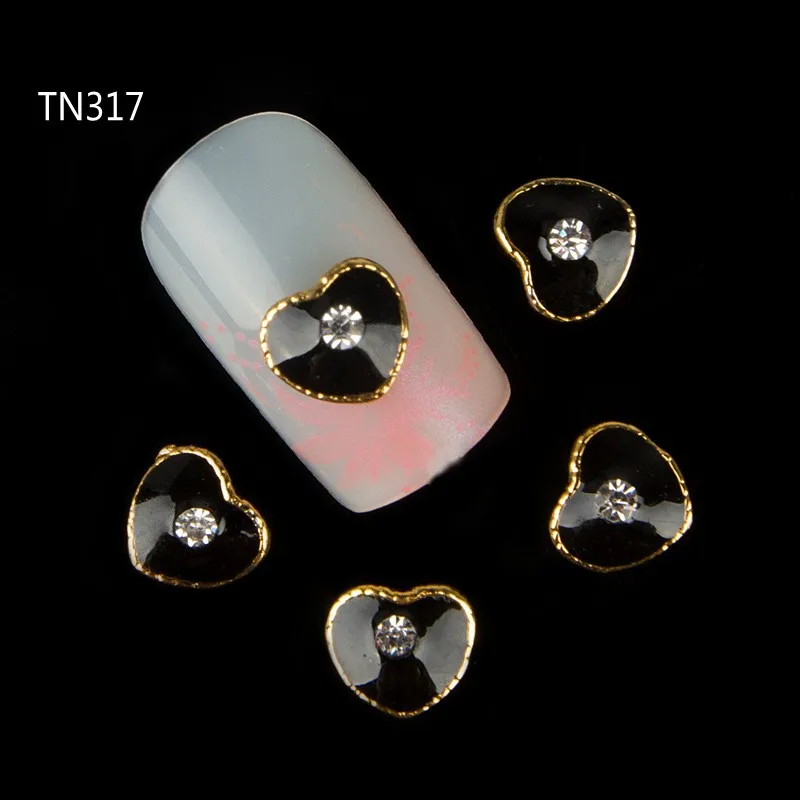 10pcs Black Metal Heart Rhinestones 3d Nail Art Decorations Alloy Nail Stcikers Charms Jewelry for Nail