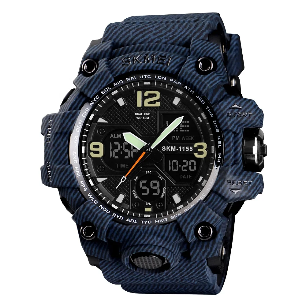 

Hot Selling digital sports men wrist watch electronic wristwatches 5atm waterproof skmei 1155B dual time, Black;blue;gold;red;dark green;khaki;red camo;green camo;blue camo