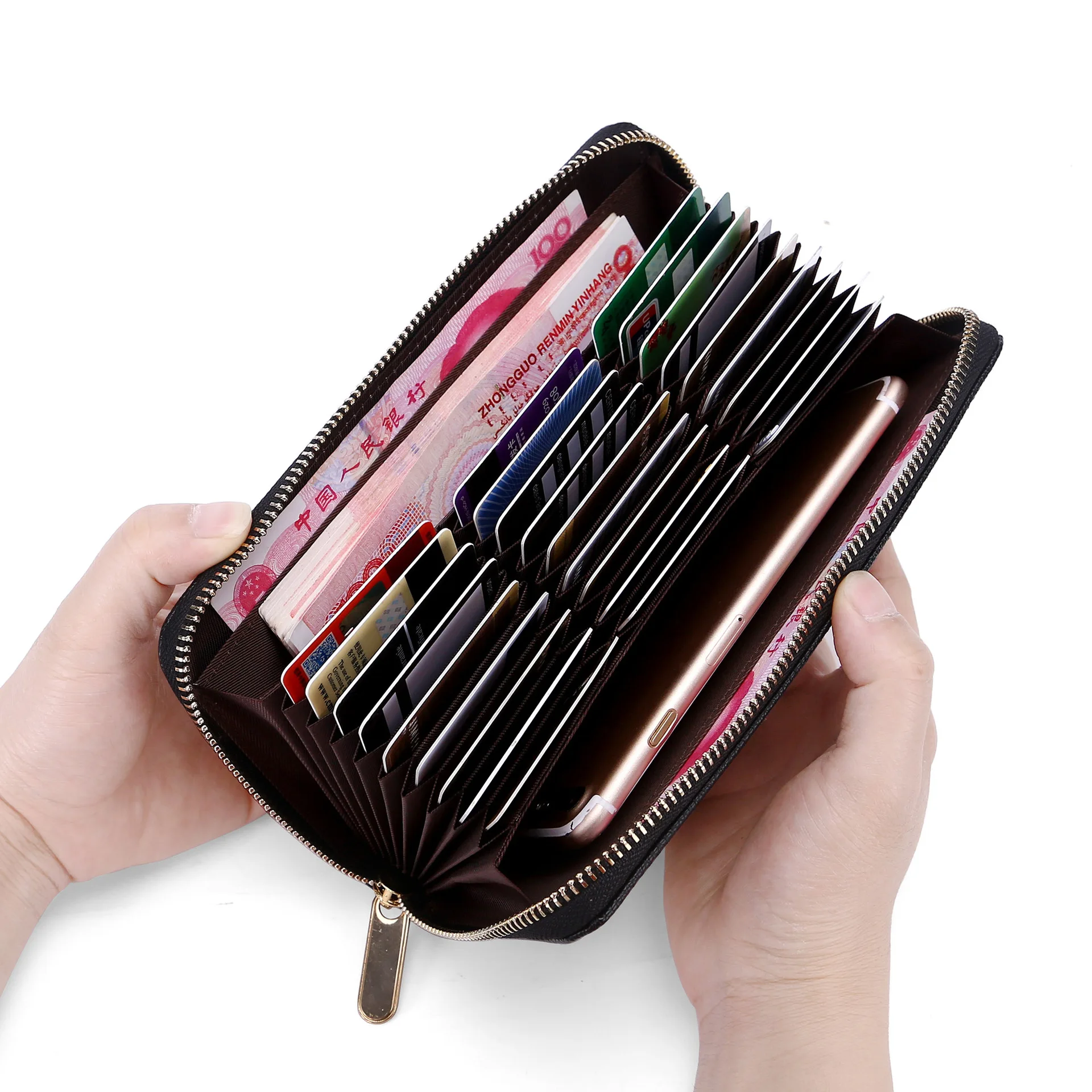 

Double PU Leather RFID Credit Card Purse Zipper Clutch Passport phone Wallet, As pictures