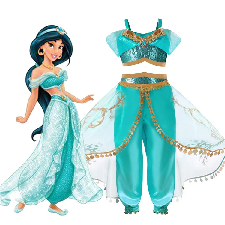 

Kids Aladdin Costume Princess Jasmine Cosplay Outfit Girls Suit Pant Fancy Dress Top + Pants Dress Costumes Set, As the picture show