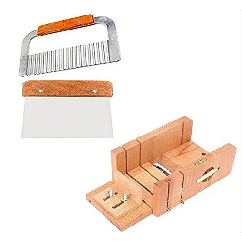 6MILES 2 Pcs Stainless Steel Soap Cutter Straight DIY Soap Cake Making Mold Loaf Garnish Cake Cutter + 1 Pcs Newest Wood Box with Line Wire Home Tool Graters Peelers Slicers Knife Set(Adjustable)