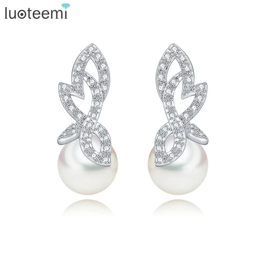 

LUOTEEMI Newest Arrival Fashion Jewelry White Gold Plated Clear CZ and Pearl Charm Earrings