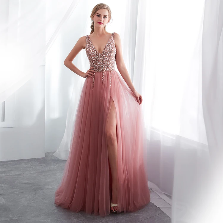 

2019 Suzhou Wholesale Long Girls Sparkly Beaded Graduation Party Gown Sexy Open Leg Prom Dress, Same as picture