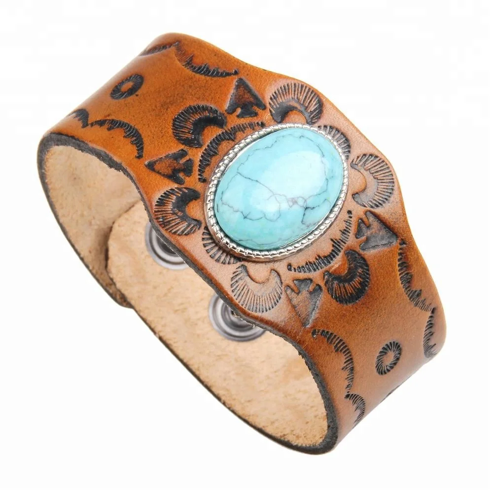 

Vintage Turquoise Stone Engraved Wide Genuine Leather Cuff Bracelet Men, Black,brown