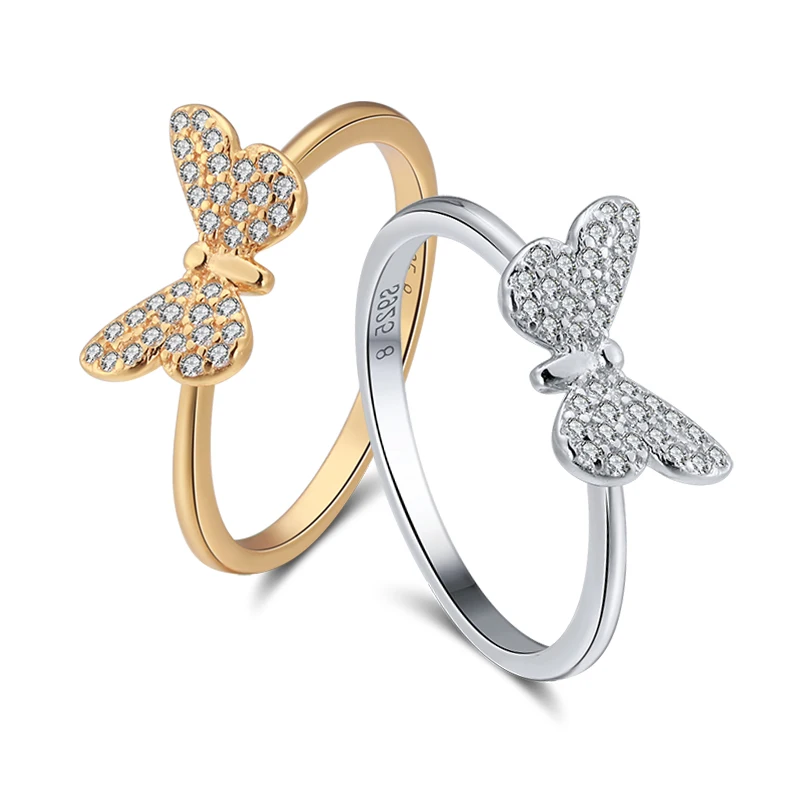 RINNTIN SR59 Real 925 Sterling Silver Delicate Women Butterfly Rings Jewelry