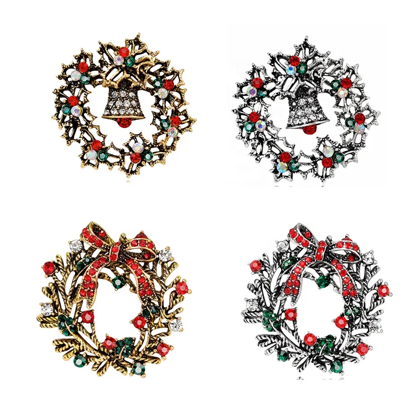 

Wholesale Vintage colored 2styles Zinc alloy bow/bell Christmas lucky wreath brooch pin, As picture