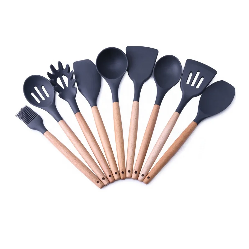 

9 pieces silicone utensils with beech wood handle kitchen accessories tools cooking, Black