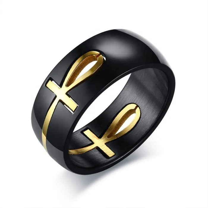 

Separable egyptian cross model black plated fashion hotsale wholesale stainless steel ankh ring for men and women