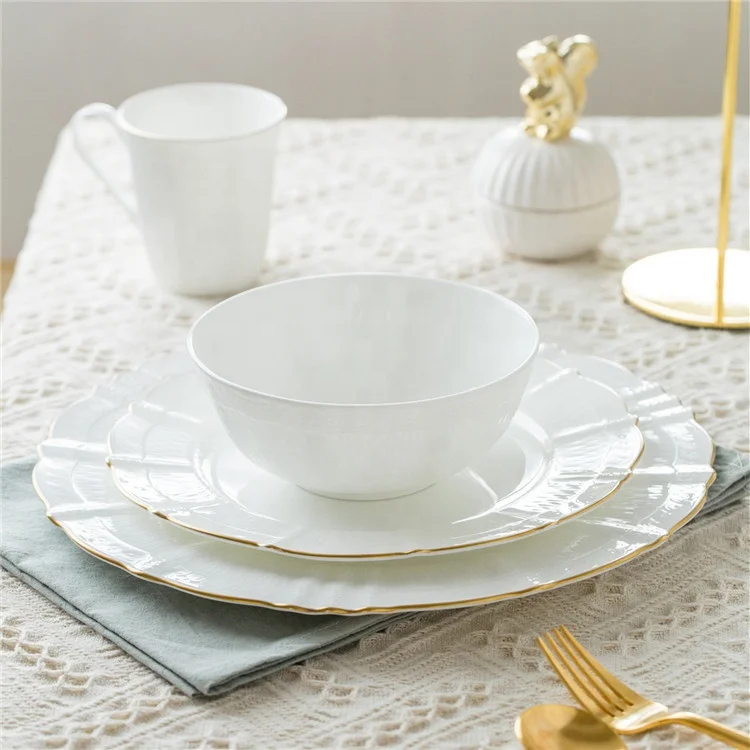 

English royal elegance white color bone china porcelain dinner set with gold rimmed, Customized color