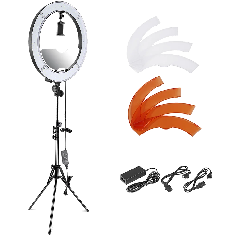 

Neewer LED 18-inch Outer Diameter Dual Hot Shoe Ringlight Kit, Mirror, Smartphone Holder, Light Stand, Soft Tube, N/a