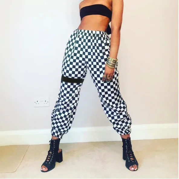 Black White Plaid Pants Sweatpants Women Side Stripe Trousers Casual Cotton Comfortable Elastic Pants