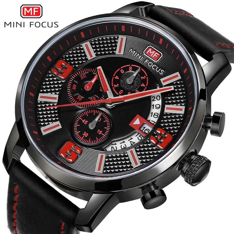 

MINI FOCUS 0025 G NEW 2017 Men's Sports Quartz Watches Top Brand Luxury Leather Chronograph Wristwatches