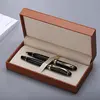 logo embossed branded 2pcs ball pen fountain pen luxury high end quality vip custom gift pen set with brown leather PU box