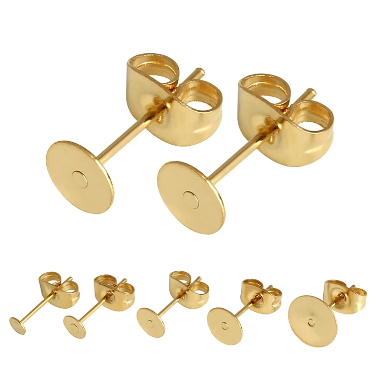 

3 4 5 6 8 mm stainless steel gold plated butterfly earring backs round cabochon base flat stud earring setting without stone, Genuine gold plated