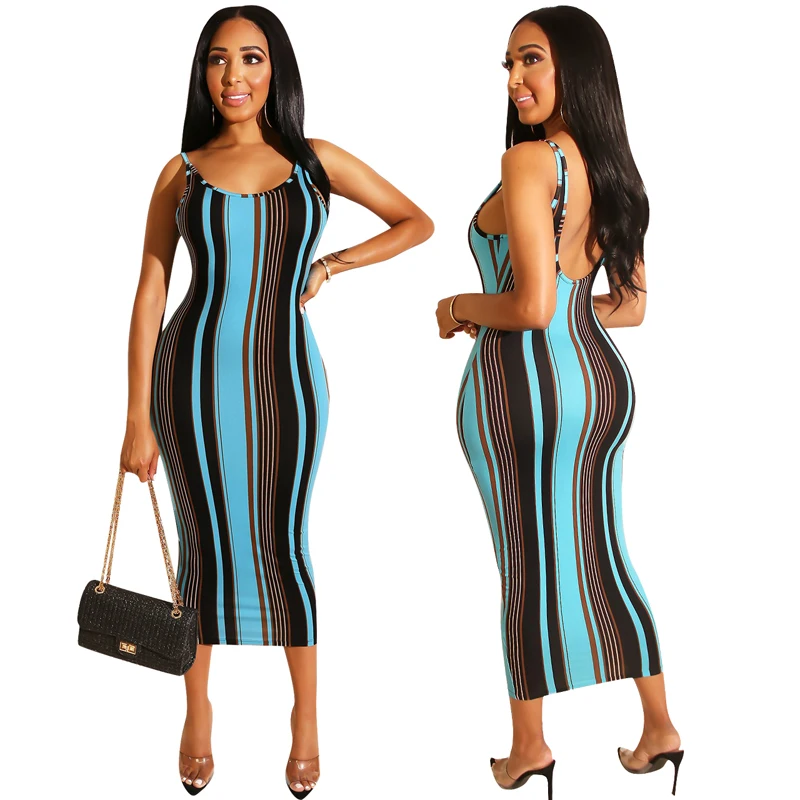 Woman Summer Backless Sexy Lace Up African Kitenge Designs Stripe Dress
