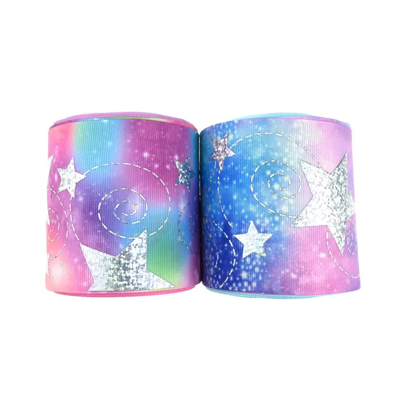 

3 inch) silver stars foil printed with rainbow grosgrain ribbon for making cheer bow , DIY handmade material, Many colors for choose