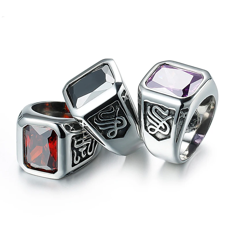 

Hot Sale Wholesale Price Korea Style Vintage Geometric Zircon Stainless steel Ring, Black purple red