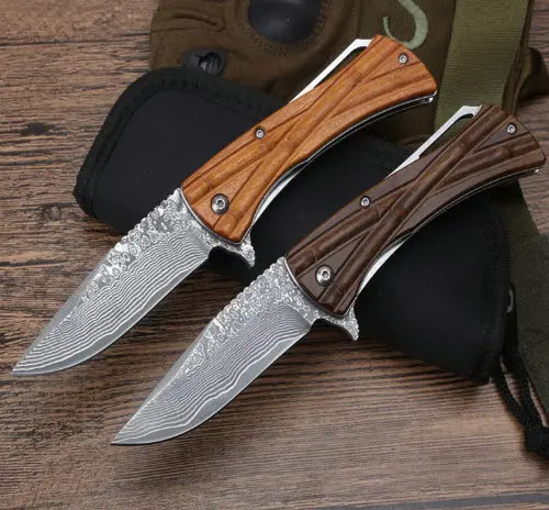 

58HRC Damascus Steel Knives with Wood Handle Tactical Folding Knife EDC Tool DREAM9778