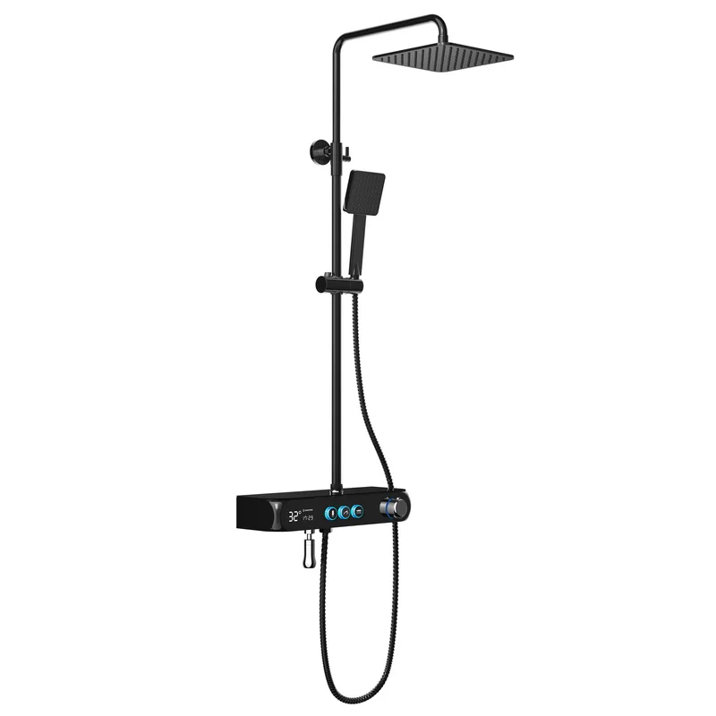 
black digital thermostatic bathroom faucet with rain head shower and hand shower for shower mixer set 