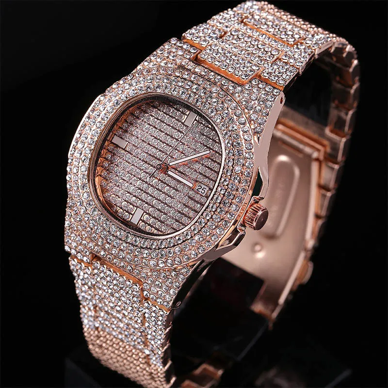 

Top Brand Luxury Iced Out Watch Gold Diamond Watch for Men Square Quartz Waterproof Wristwatch