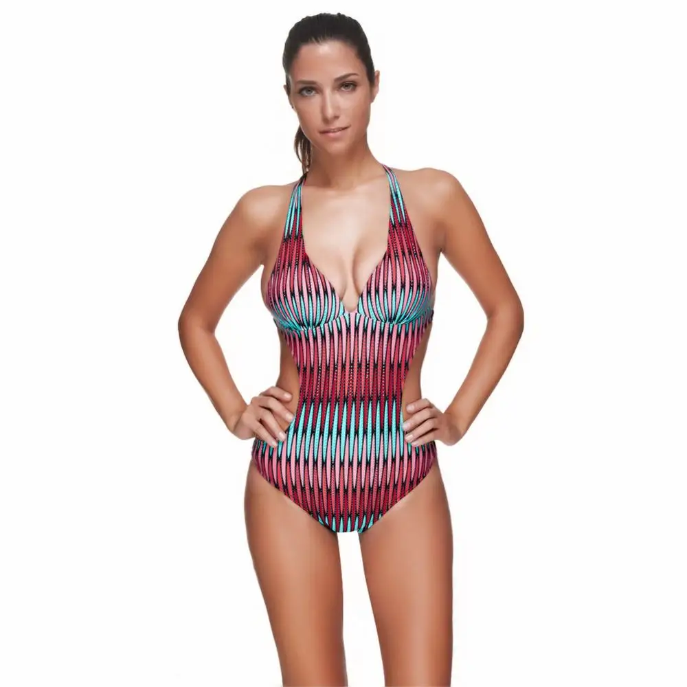 

Custom Stylish Print Plus Size Low Cut One Piece Swimsuit Backless