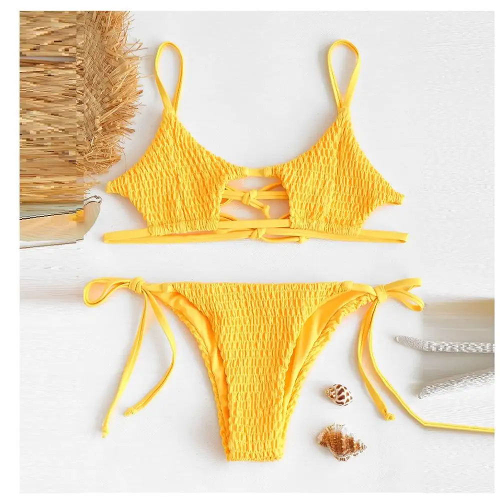 

new arrival keyhole sided tie yellow string bikini, Picture