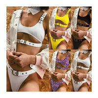 

2019 Metal button down Sexy Solid Color Bikini High Waist Leopard Print Swimwear Two Pieces Women Swimsuit