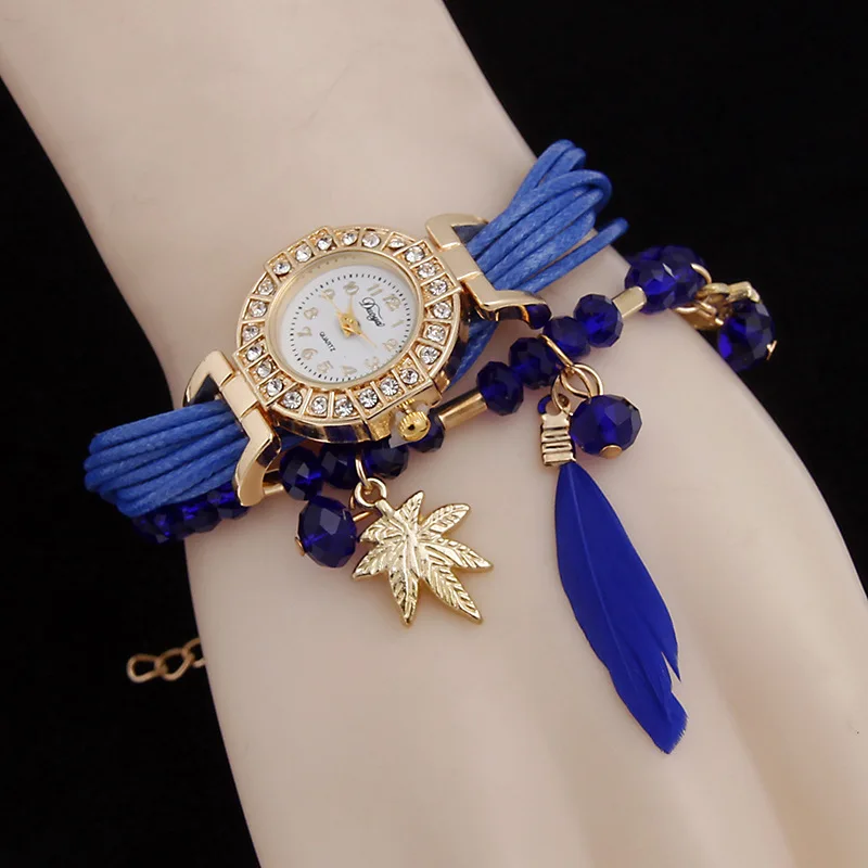 

luxury colorful rhinestone pretty fashion feather pendant girls watch