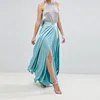 Woman Clothes Elegant Blue Satin Maxi Skirt with Center Front Split