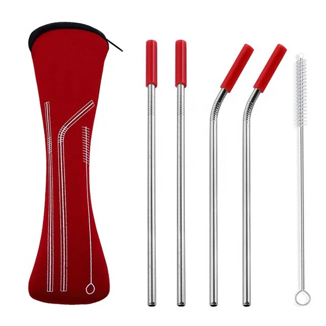 

4pcs/set Reusable Stainless Steel Straws With Silicone Tips with Clean Brush & Cloth Bag Wedding Party Healthy Glass Straw, Silver