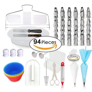 Image of Free sample good 94 pcs Bags different types turntable stainless steel piping nozzles bag cake decorating Tip set Supplies Kit