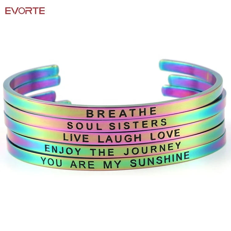 

New 316L Stainless Steel Inspirational jewelry Engraved Positive Hand Stamped Cuff Bangle Mantra Bracelet, Rainbow
