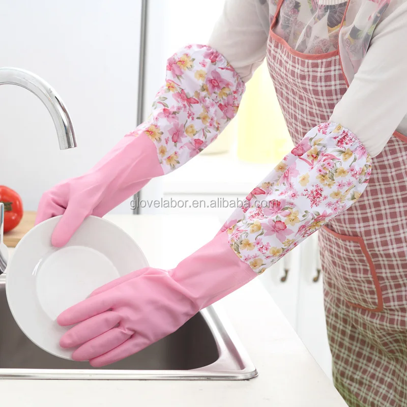 latex flower cuff long sleeve rubber household kitchen dish washing gloves