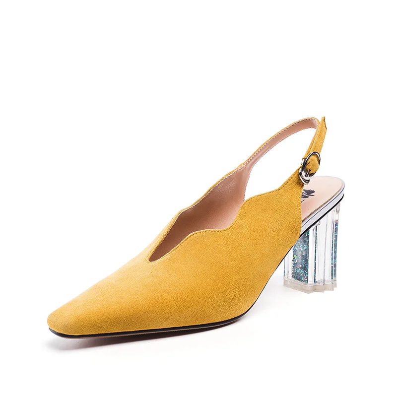 

J089 Flouncing ladies high heel shoes sheep suede dress shoes pumps, Black/yellow