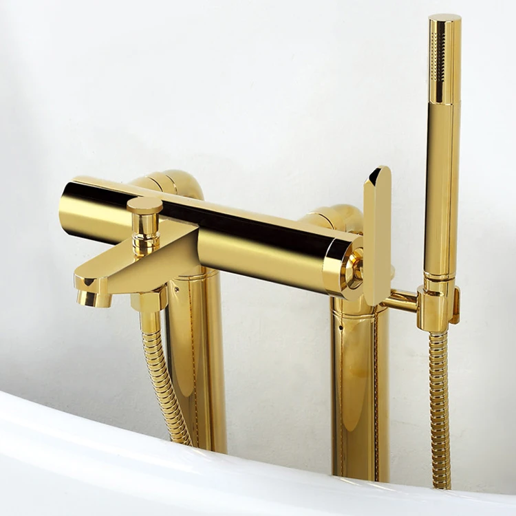 Golden brass Multi-function Thermostatic floor mounted bath shower mixer single handle taps  bathtub faucet