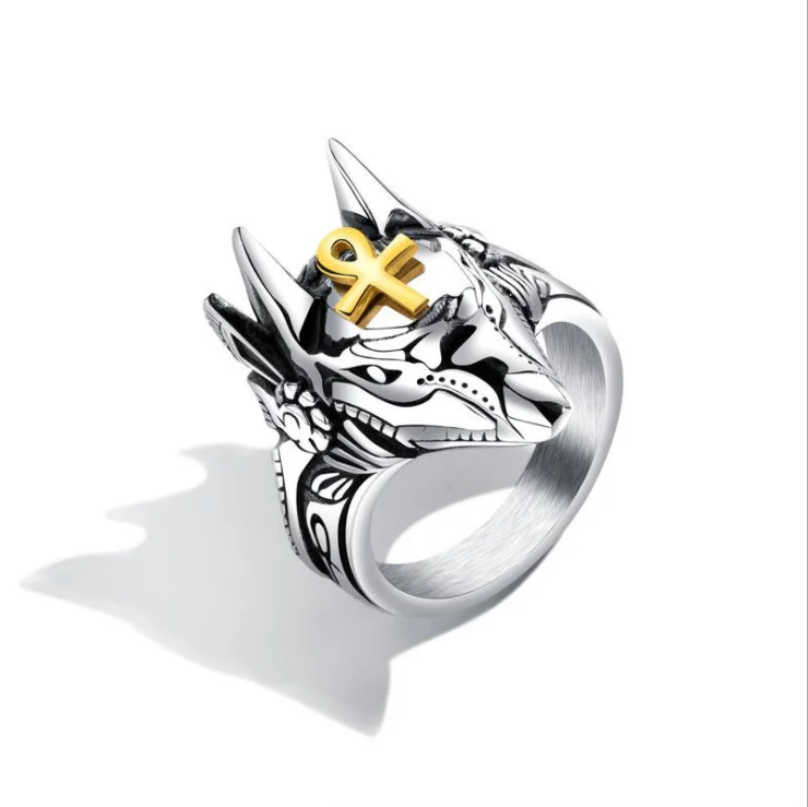 

Wholesale High Quality Stainless Steel Anubis Wolf Head Rings Punk Silver Ring Jewelry For Men