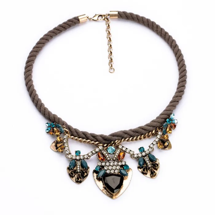 

xl00947 Wholesale Vintage Chic Royal Crystal Choker Brown Rope Necklace 2018 Designs Jewelry, As picture