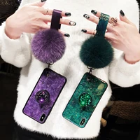 

Crackle Diamonds Hair Ball Wrist Strap Cell Phone Case for iphone XS MAX Bling Luxury Fashion Mobile Phone Cover for iPhone X