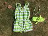2015 baby girls lemon green stripes cotton romper with matching necklace and bow set