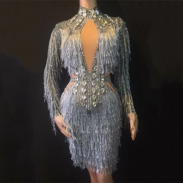 

2019 Fashion Tassel Perspective Dress Women Birthday Celebrate See Through Mesh Dress Gray Fringes Costume Dance Dress DL3426