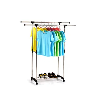 Image of Adjustable Double Rod Clothing Rack Portable Rolling Hanging Garment Racks with Castors and Shoe Rack