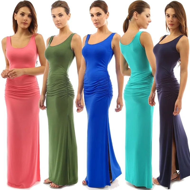 

Women Sexy Bodycon Dress Summer 2018 Women Fashion New Design Side Slit Wrinkle Midi Dress, Black/red/dark red/green/gray/blue