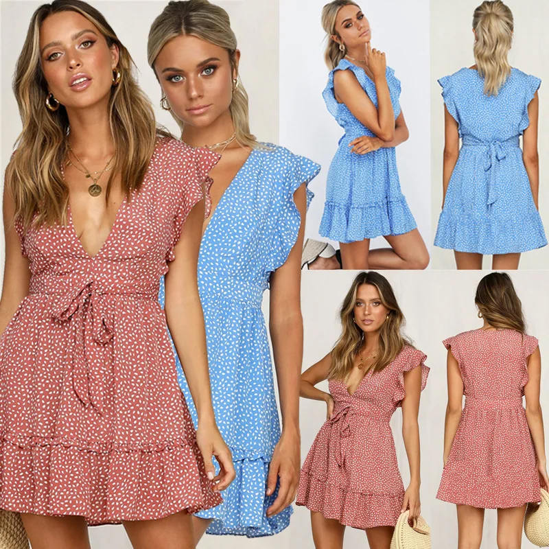 

Hot Selling New Spring and Summer 2019 Fashion Women Dress with Falbala Joker Wave Point, Picture color