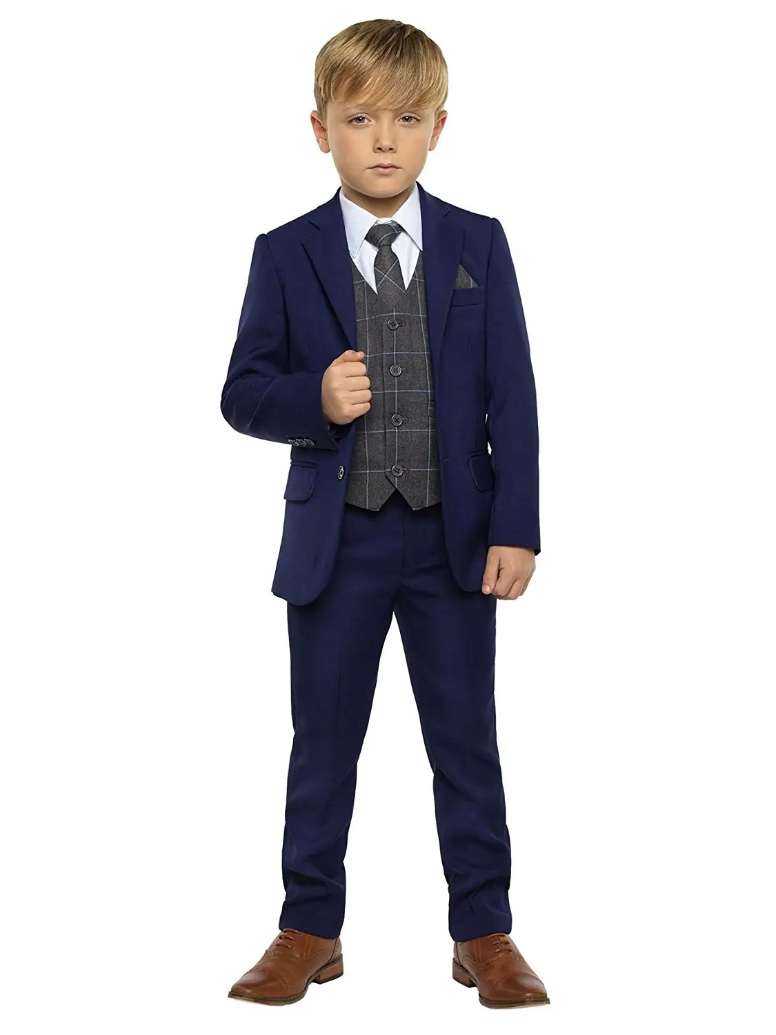 Rafael Collection Big Boys Navy Blue Fancy 5 Piece Vest Jacket Pants Special Occasion Suit 8-20