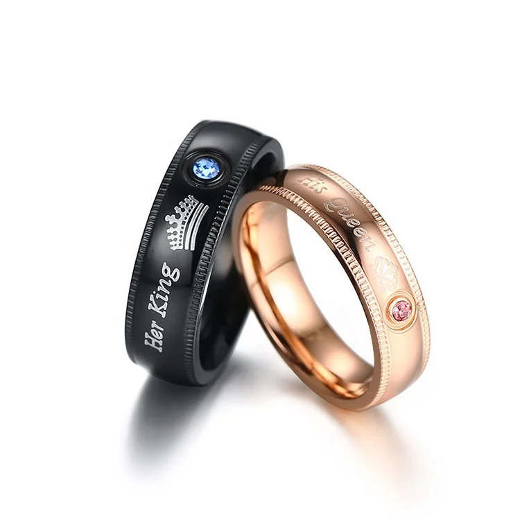 

New Arrival High Quality Engraved 316L Stainless Steel His Queen Her King Couple Rings, Rose gold,black